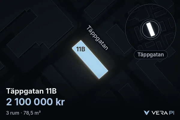 VERA PI's image of Täppgatan 11B: the building in 3D, lit in blue, and the map around it