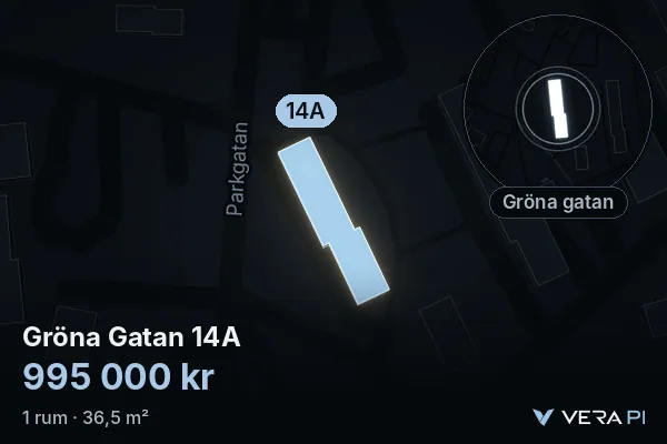 VERA PI's image of Gröna Gatan 14A: the building in 3D, lit in blue, and the map around it
