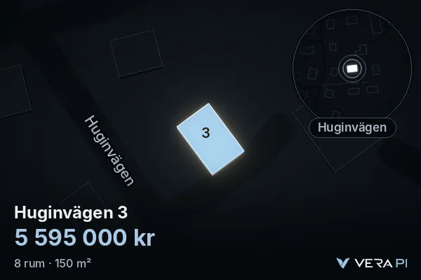 VERA PI's image of Huginvägen 3: the building in 3D, lit in blue, and the map around it