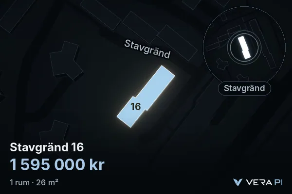 VERA PI:s bild av Stavgränd 16: huset i 3D, upplyst i blått, och kartan runt omkring
