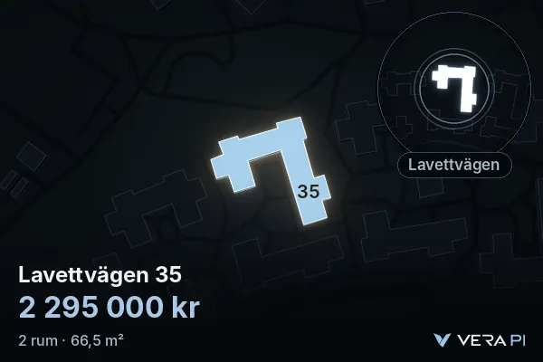 VERA PI:s bild av Lavettvägen 35: huset i 3D, upplyst i blått, och kartan runt omkring
