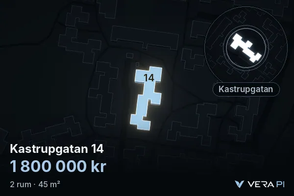 VERA PI's image of Kastrupgatan 14: the building in 3D, lit in blue, and the map around it