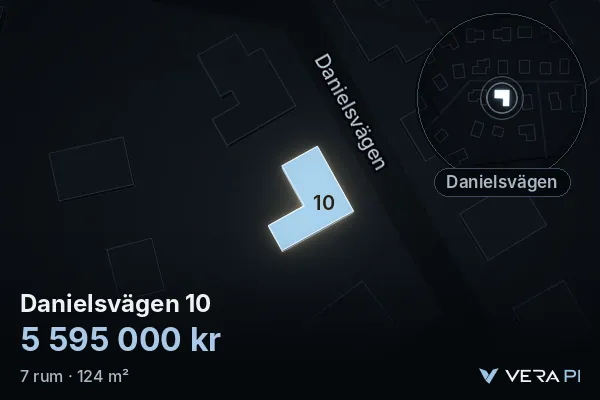 VERA PI's image of Danielsvägen 10: the building in 3D, lit in blue, and the map around it