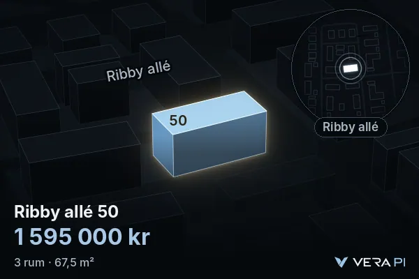 VERA PI's image of Ribby allé 50: the building in 3D, lit in blue, and the map around it