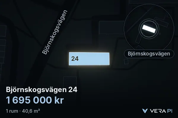 VERA PI:s bild av Björnskogsvägen 24: huset i 3D, upplyst i blått, och kartan runt omkring