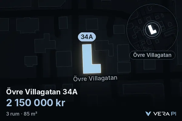 VERA PI:s bild av Övre Villagatan 34A: huset i 3D, upplyst i blått, och kartan runt omkring