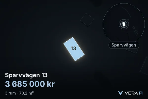 VERA PI's image of Sparvvägen 13: the building in 3D, lit in blue, and the map around it