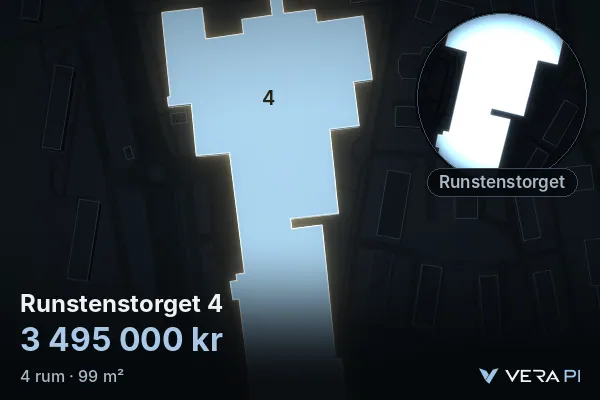VERA PI's image of Runstenstorget 4: the building in 3D, lit in blue, and the map around it