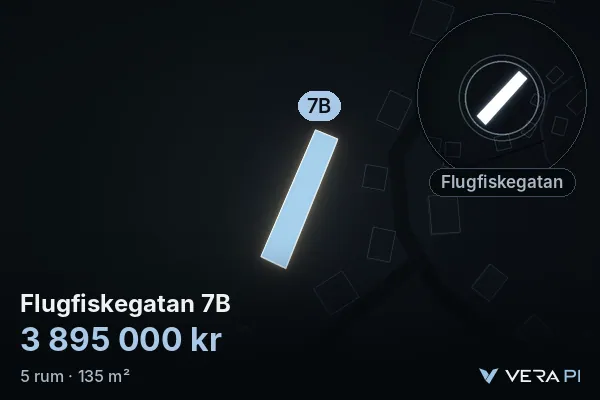 VERA PI's image of Flugfiskegatan 7B: the building in 3D, lit in blue, and the map around it