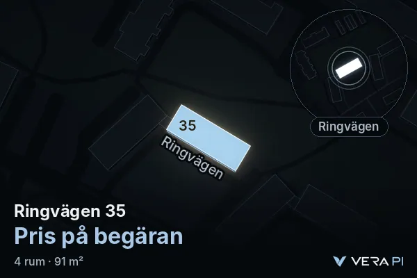 VERA PI:s bild av Ringvägen 35: huset i 3D, upplyst i blått, och kartan runt omkring