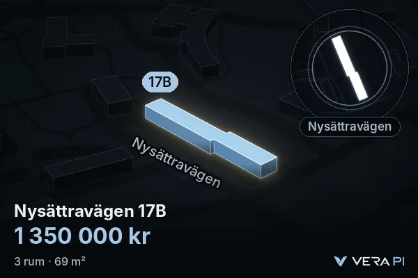VERA PI's image of Nysättravägen 17B: the building in 3D, lit in blue, and the map around it