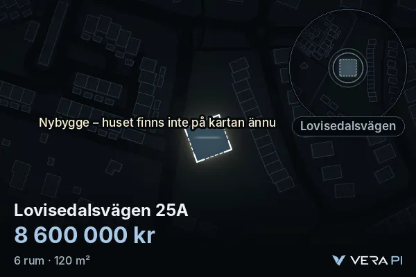 VERA PI:s bild av Lovisedalsvägen 25A: huset i 3D, upplyst i blått, och kartan runt omkring