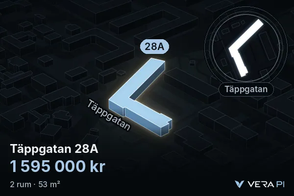 VERA PI's image of Täppgatan 28A: the building in 3D, lit in blue, and the map around it