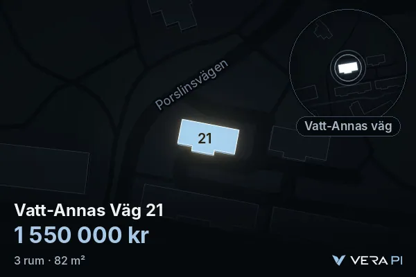 VERA PI's image of Vatt-Annas Väg 21: the building in 3D, lit in blue, and the map around it