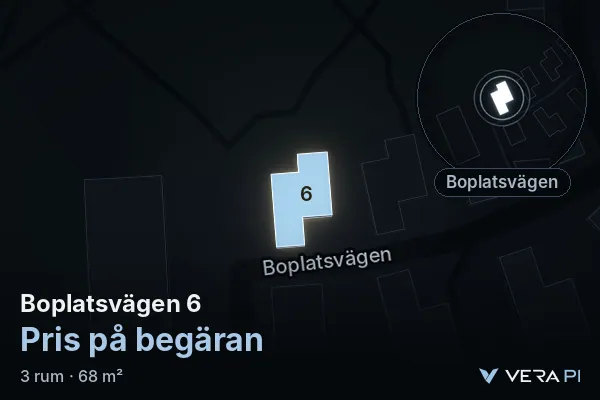 VERA PI:s bild av Boplatsvägen 6: huset i 3D, upplyst i blått, och kartan runt omkring