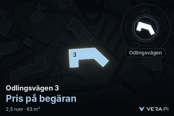 VERA PI:s bild av Odlingsvägen 3: huset i 3D, upplyst i blått, och kartan runt omkring