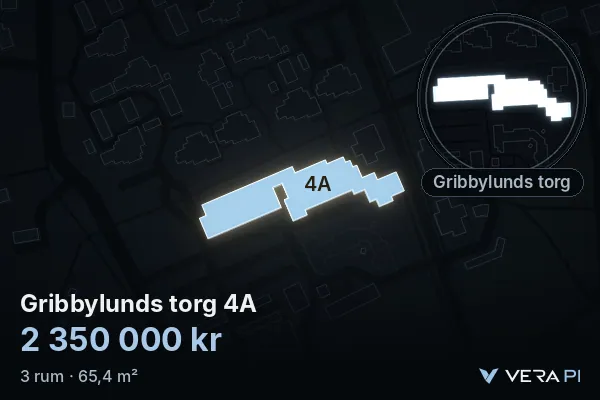 VERA PI:s bild av Gribbylunds torg 4A: huset i 3D, upplyst i blått, och kartan runt omkring