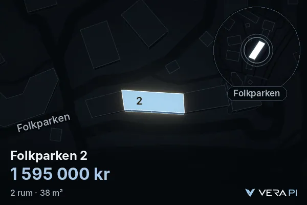 VERA PI:s bild av Folkparken 2: huset i 3D, upplyst i blått, och kartan runt omkring