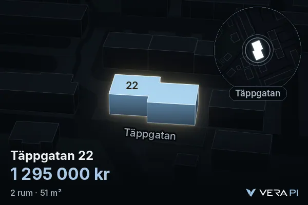 VERA PI:s bild av Täppgatan 22: huset i 3D, upplyst i blått, och kartan runt omkring