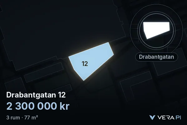 VERA PI:s bild av Drabantgatan 12: huset i 3D, upplyst i blått, och kartan runt omkring