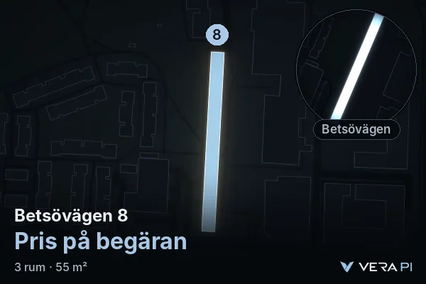 VERA PI:s bild av Betsövägen 8: huset i 3D, upplyst i blått, och kartan runt omkring