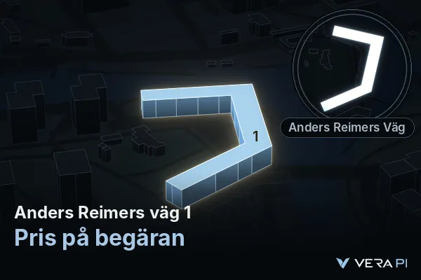 VERA PI:s bild av Anders Reimers väg 1: huset i 3D, upplyst i blått, och kartan runt omkring
