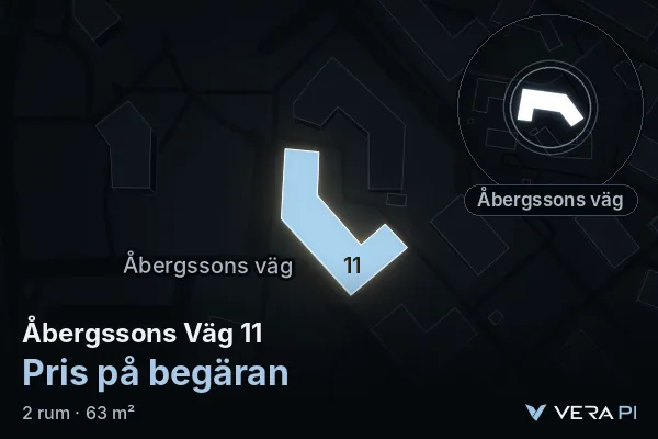 VERA PI's image of Åbergssons Väg 11: the building in 3D, lit in blue, and the map around it