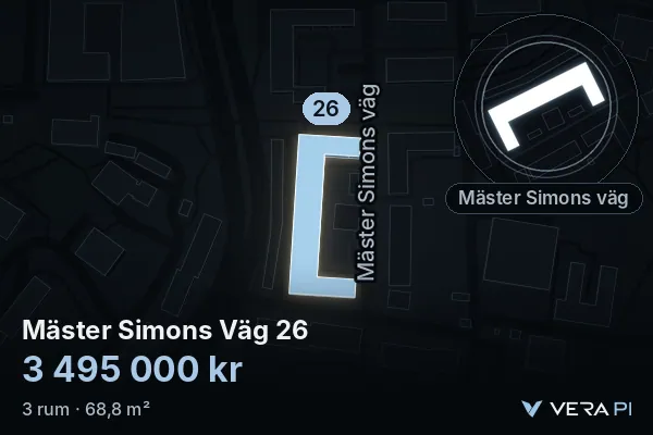 VERA PI's image of Mäster Simons Väg 26: the building in 3D, lit in blue, and the map around it