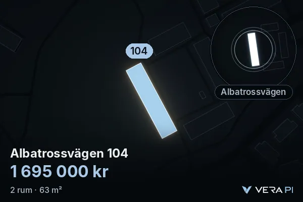 VERA PI:s bild av Albatrossvägen 104: huset i 3D, upplyst i blått, och kartan runt omkring