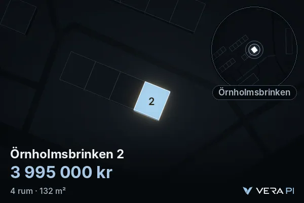 VERA PI:s bild av Örnholmsbrinken 2: huset i 3D, upplyst i blått, och kartan runt omkring