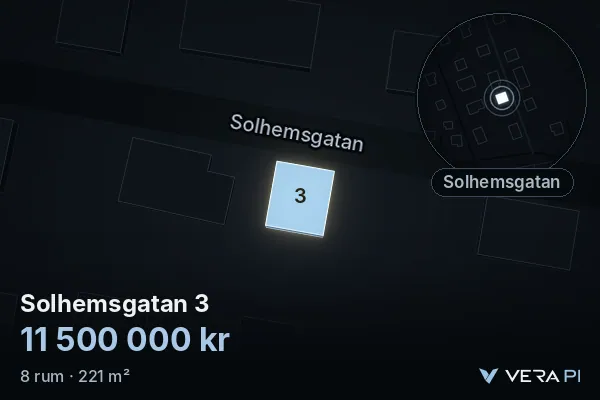 VERA PI:s bild av Solhemsgatan 3: huset i 3D, upplyst i blått, och kartan runt omkring