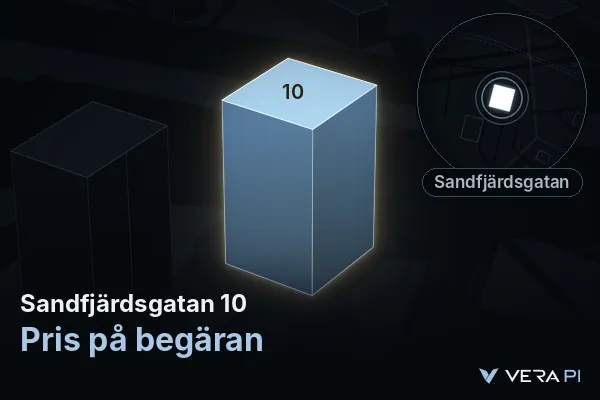 VERA PI:s bild av Sandfjärdsgatan 10: huset i 3D, upplyst i blått, och kartan runt omkring