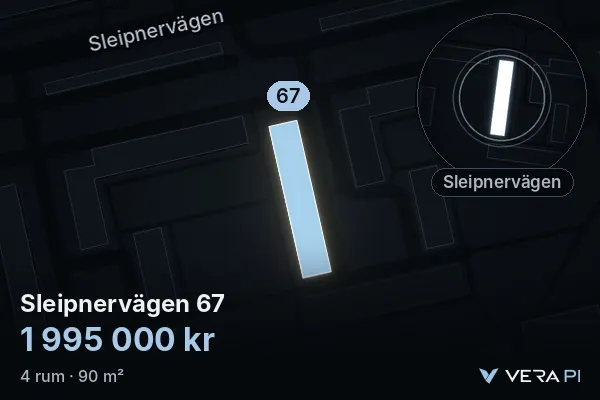VERA PI:s bild av Sleipnervägen 67: huset i 3D, upplyst i blått, och kartan runt omkring