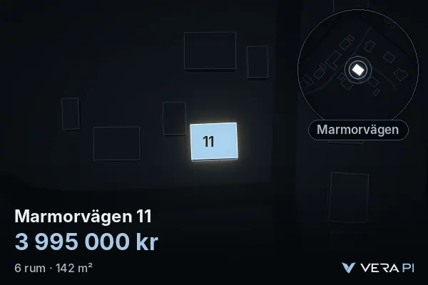 VERA PI's image of Marmorvägen 11: the building in 3D, lit in blue, and the map around it