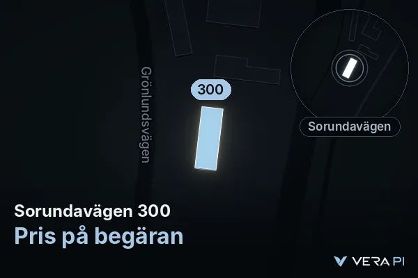 VERA PI:s bild av Sorundavägen 300: huset i 3D, upplyst i blått, och kartan runt omkring