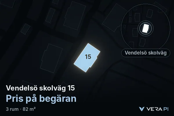 VERA PI:s bild av Vendelsö skolväg 15: huset i 3D, upplyst i blått, och kartan runt omkring