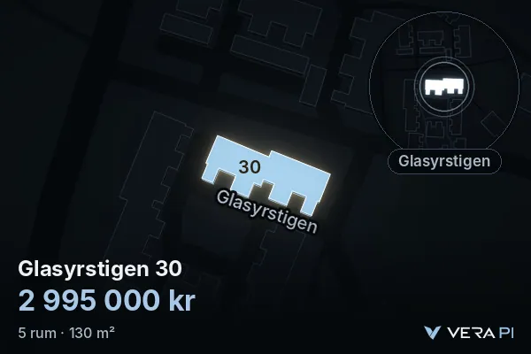 VERA PI's image of Glasyrstigen 30: the building in 3D, lit in blue, and the map around it