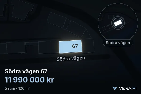 VERA PI:s bild av Södra vägen 67: huset i 3D, upplyst i blått, och kartan runt omkring