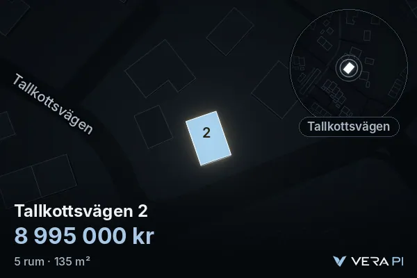 VERA PI:s bild av Tallkottsvägen 2: huset i 3D, upplyst i blått, och kartan runt omkring