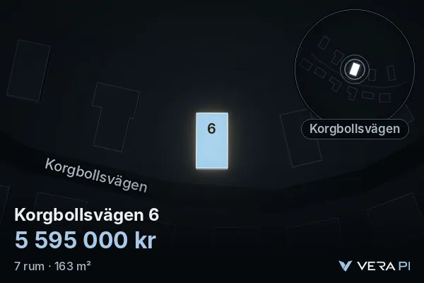 VERA PI's image of Korgbollsvägen 6: the building in 3D, lit in blue, and the map around it