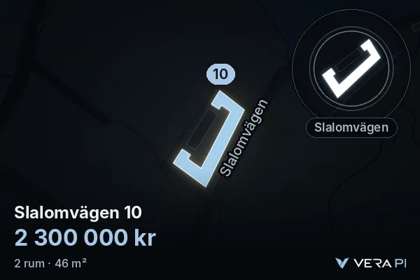 VERA PI's image of Slalomvägen 10: the building in 3D, lit in blue, and the map around it