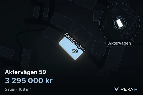 VERA PI:s bild av Aktervägen 59: huset i 3D, upplyst i blått, och kartan runt omkring