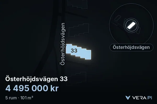 VERA PI's image of Österhöjdsvägen 33: the building in 3D, lit in blue, and the map around it
