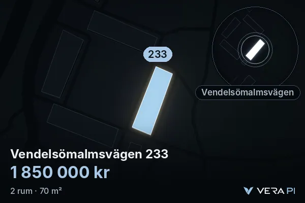 VERA PI:s bild av Vendelsömalmsvägen 233: huset i 3D, upplyst i blått, och kartan runt omkring