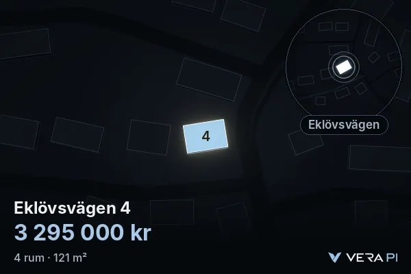 VERA PI's image of Eklövsvägen 4: the building in 3D, lit in blue, and the map around it