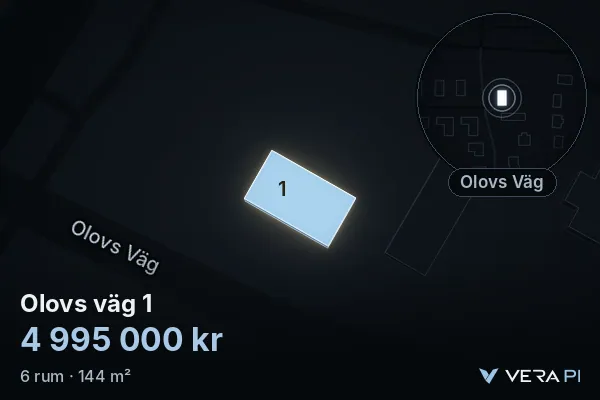 VERA PI's image of Olovs väg 1: the building in 3D, lit in blue, and the map around it