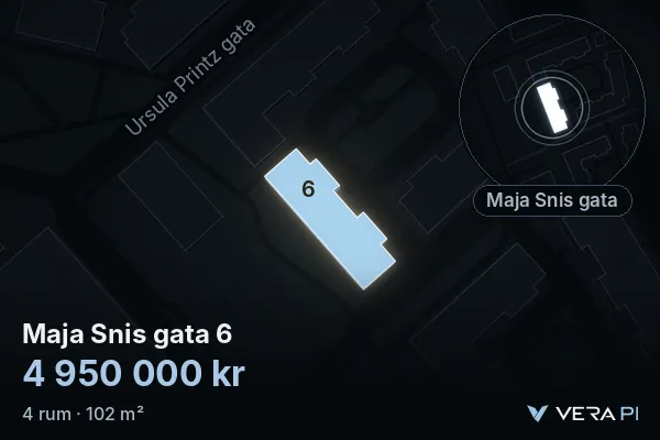 VERA PI's image of Maja Snis gata 6: the building in 3D, lit in blue, and the map around it