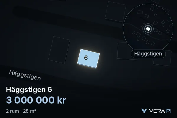 VERA PI:s bild av Häggstigen 6: huset i 3D, upplyst i blått, och kartan runt omkring