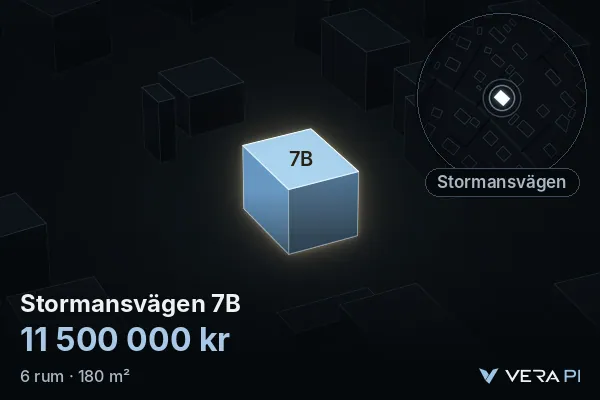 VERA PI's image of Stormansvägen 7B: the building in 3D, lit in blue, and the map around it