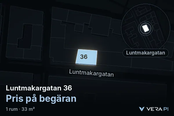 VERA PI:s bild av Luntmakargatan 36: huset i 3D, upplyst i blått, och kartan runt omkring